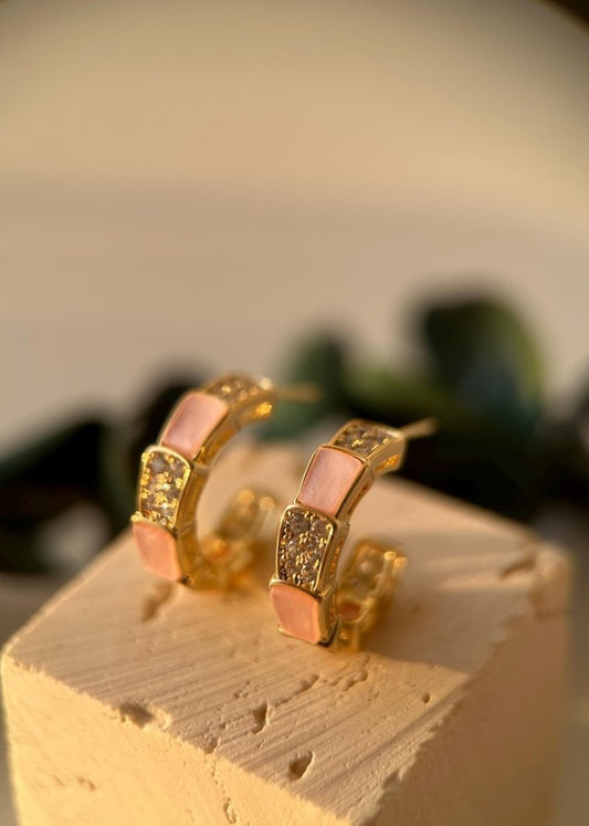 18k Real Gold Plated, Rose Quartz Small Hoop Earrings