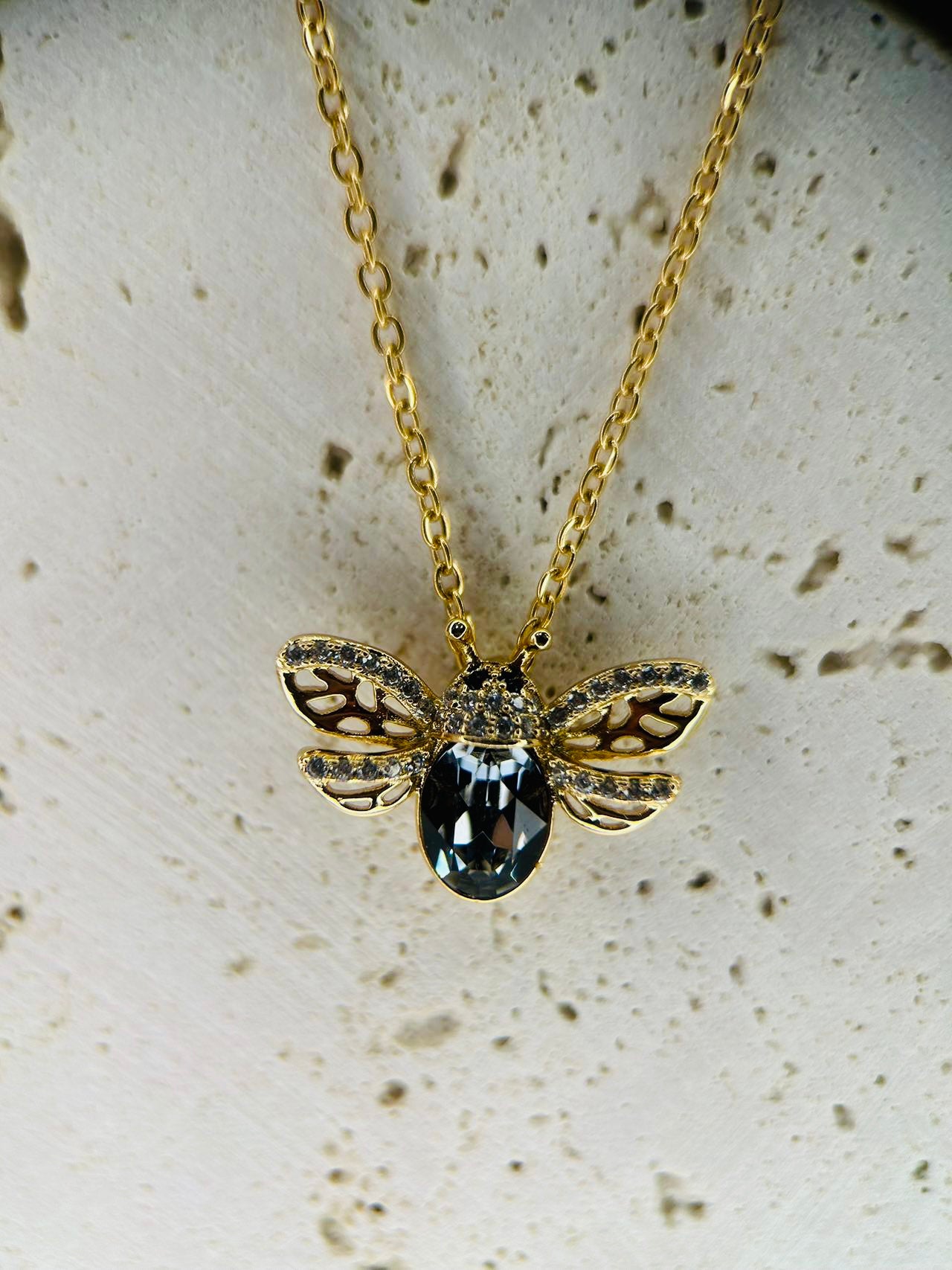 18K Real Gold Plated Black Diamond Bumble Bee Necklace