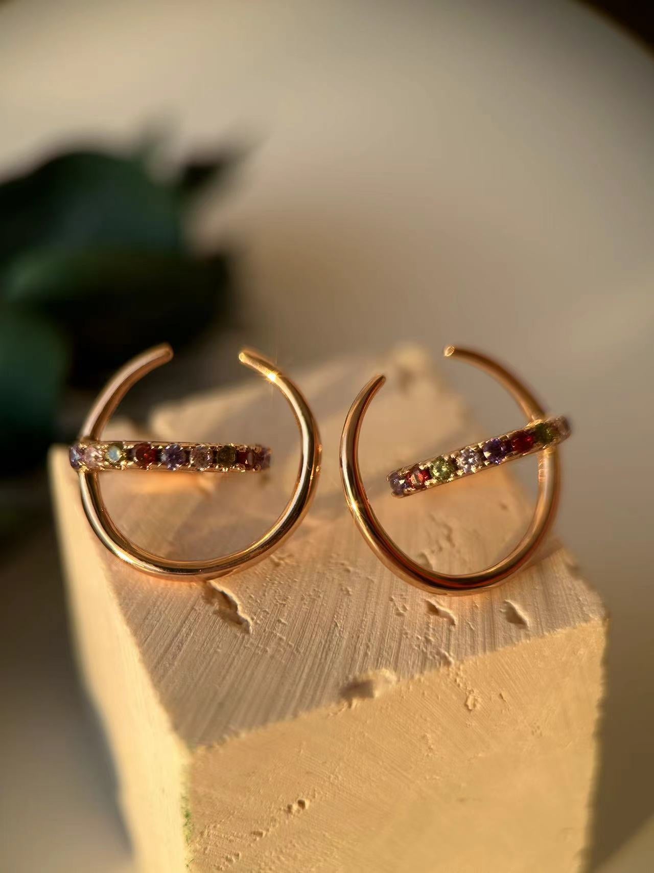 18K Real Gold Plated Double Circle, Dainty Gem Stone earrings