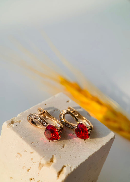 18K Real Gold Plated Red Heart Earrings