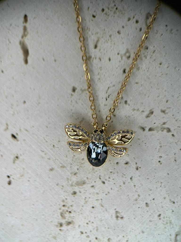 18K Real Gold Plated Black Diamond Bumble Bee Necklace