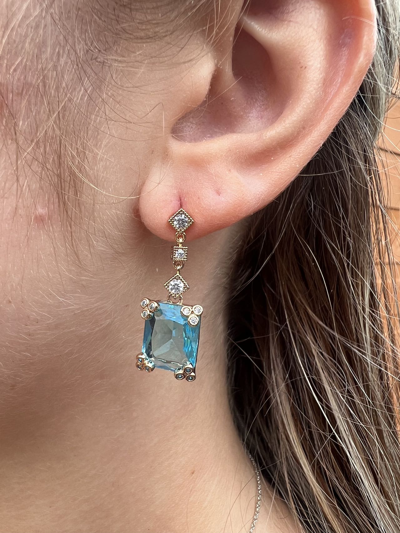 Silver Crystal Blue Diamond Dangle Earrings