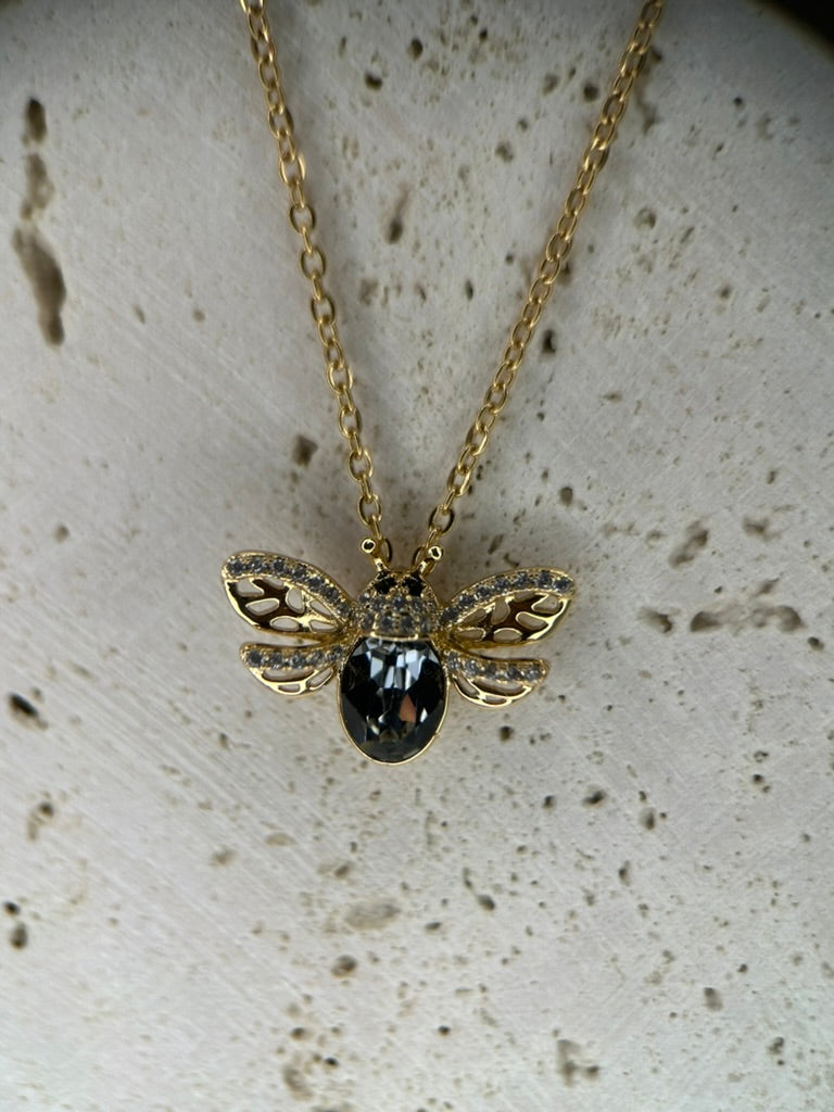 18K Real Gold Plated Black Diamond Bumble Bee Necklace